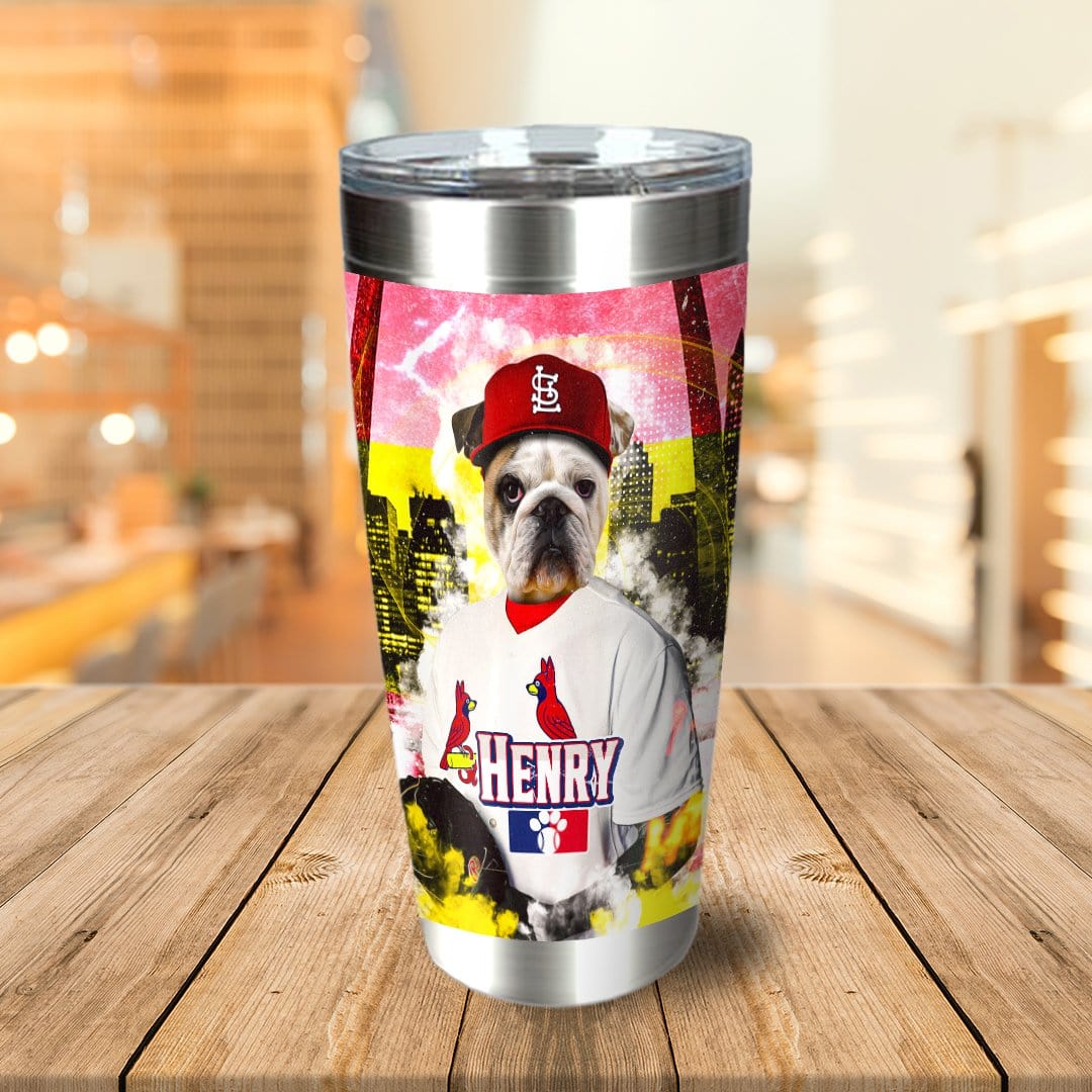 Personalized stainless steel tumbler with a custom bulldog pet portrait in a St. Louis Cardinals baseball uniform.