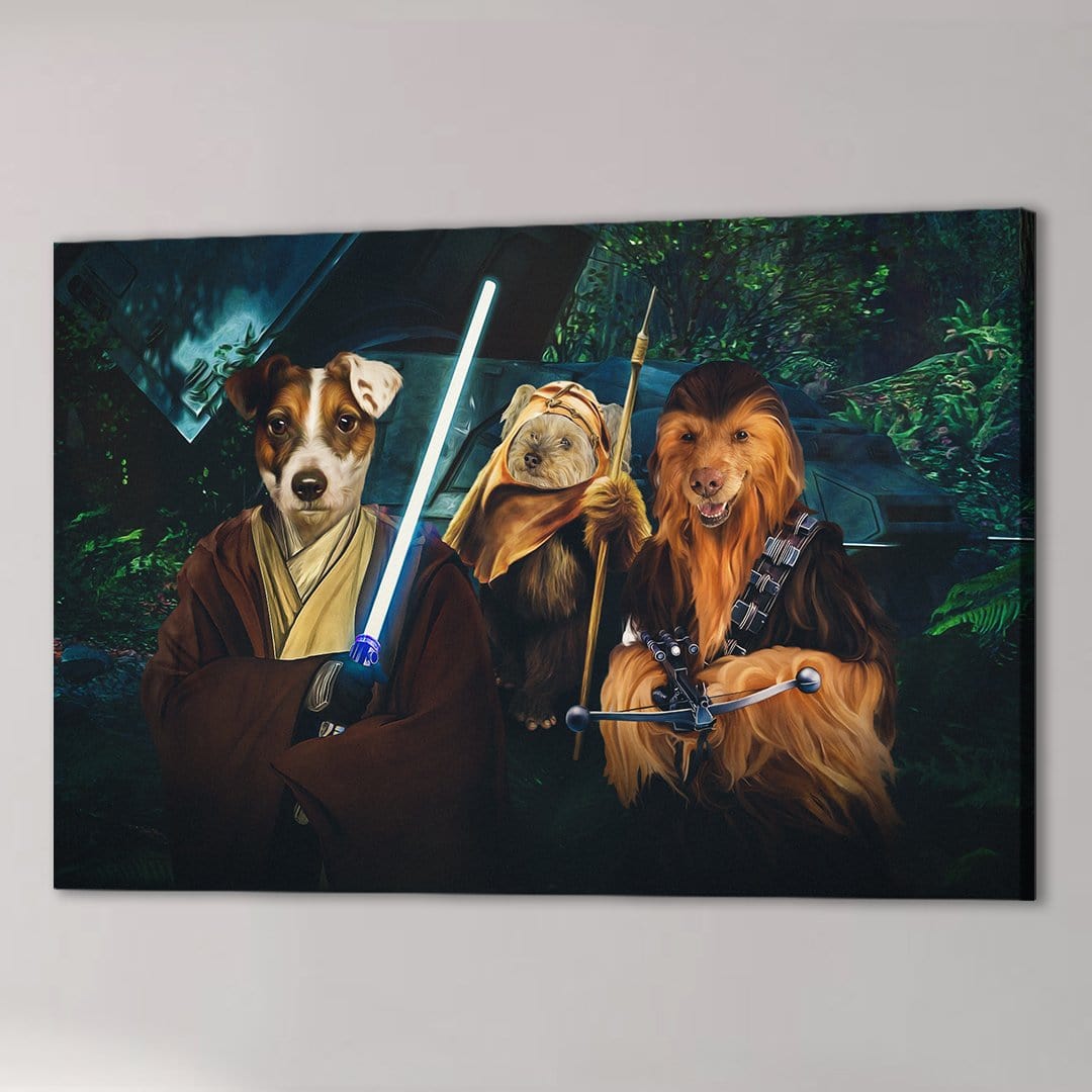 Personalized Star Woofers 2 canvas featuring three pets as Star Wars characters: a dog Jedi, an Ewok, and a Chewbacca dog.
