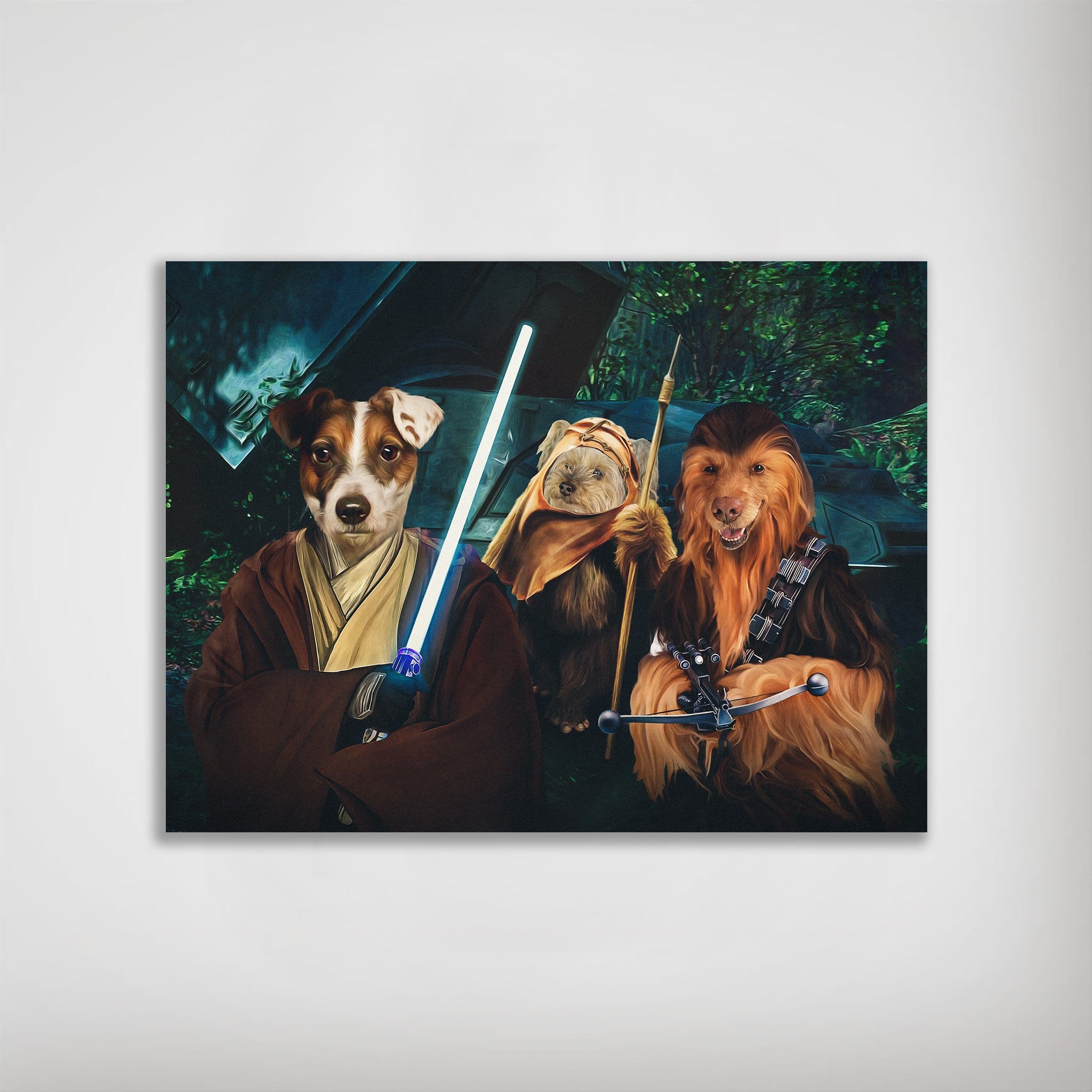 Personalized 'Star Woofers 2' poster featuring three pets as Star Wars characters: a dog as Obi-Wan, a dog as an Ewok, and a dog as Chewbacca.