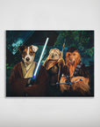 Personalized 'Star Woofers 2' poster featuring three pets as Star Wars characters: a dog as Obi-Wan, a dog as an Ewok, and a dog as Chewbacca.