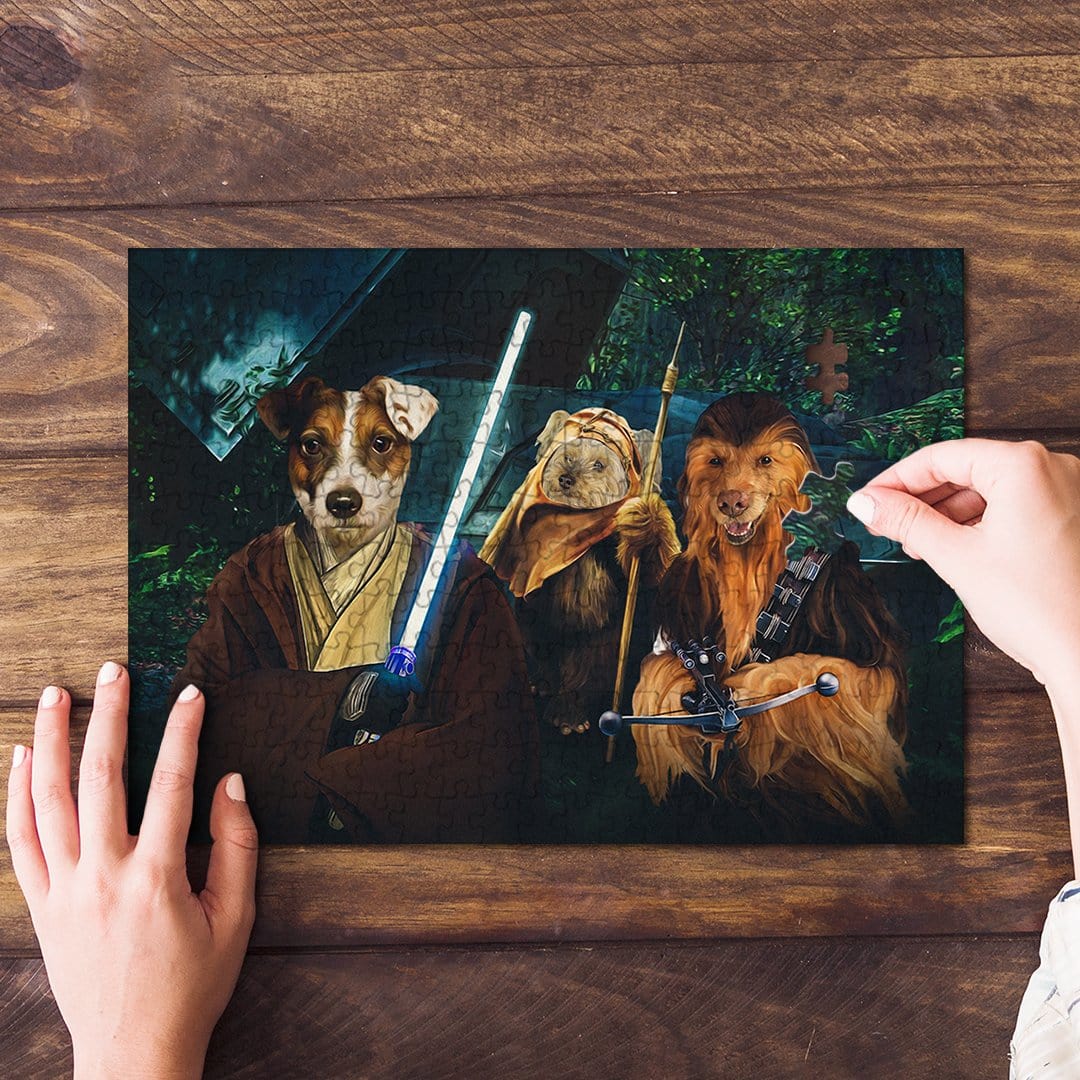 Personalized Star Woofers 2 pet puzzle featuring three dogs as Star Wars characters, on a wooden table.