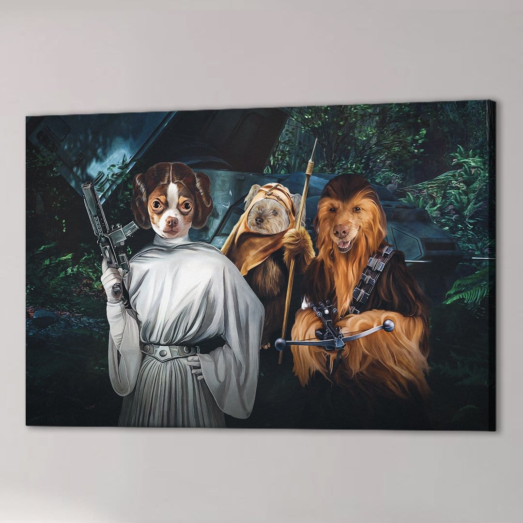 Custom Star Woofers 3 pet canvas featuring three dogs dressed as Leia, an Ewok, and Chewbacca.