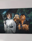 Custom Star Woofers 3 pet canvas featuring three dogs dressed as Leia, an Ewok, and Chewbacca.