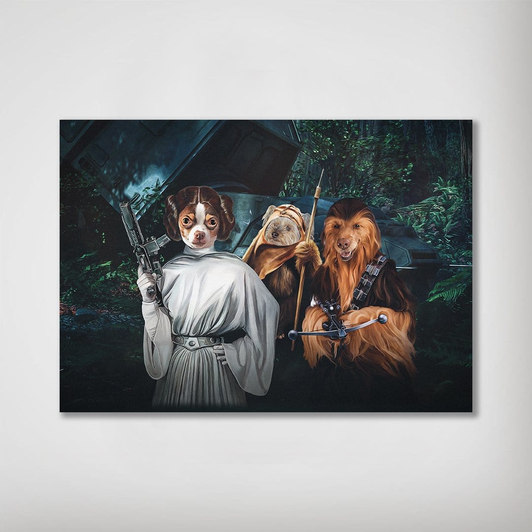 Personalized Star Woofers 3 poster featuring three pets as Star Wars characters: Princess Leia, an Ewok, and Chewbacca.