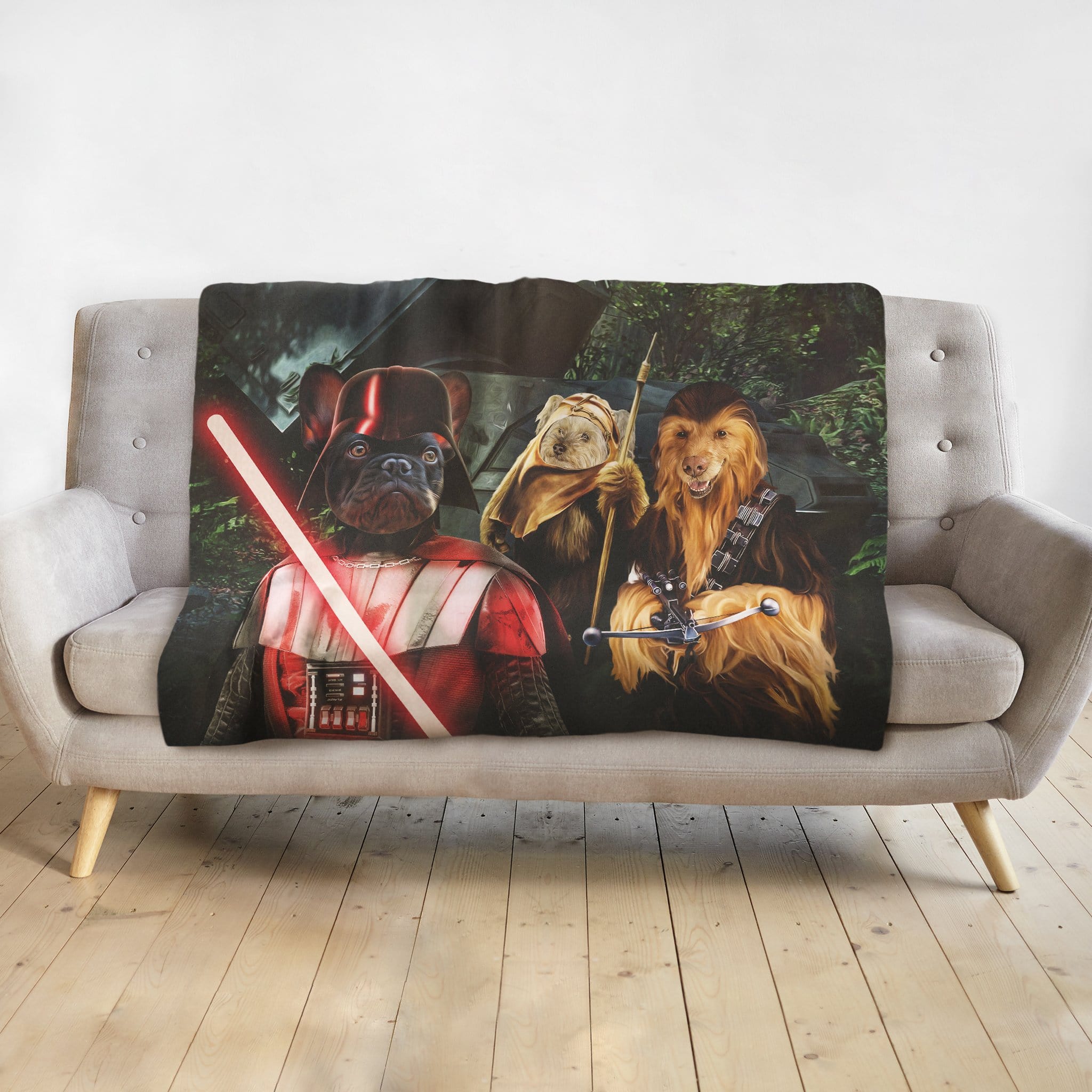 Personalized 3 pet blanket with dogs as Star Wars characters: Darth Vader, Ewok, and Chewbacca.