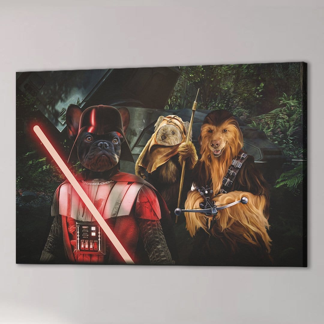 Personalized Star Woofers canvas featuring three pets dressed as iconic Star Wars characters.