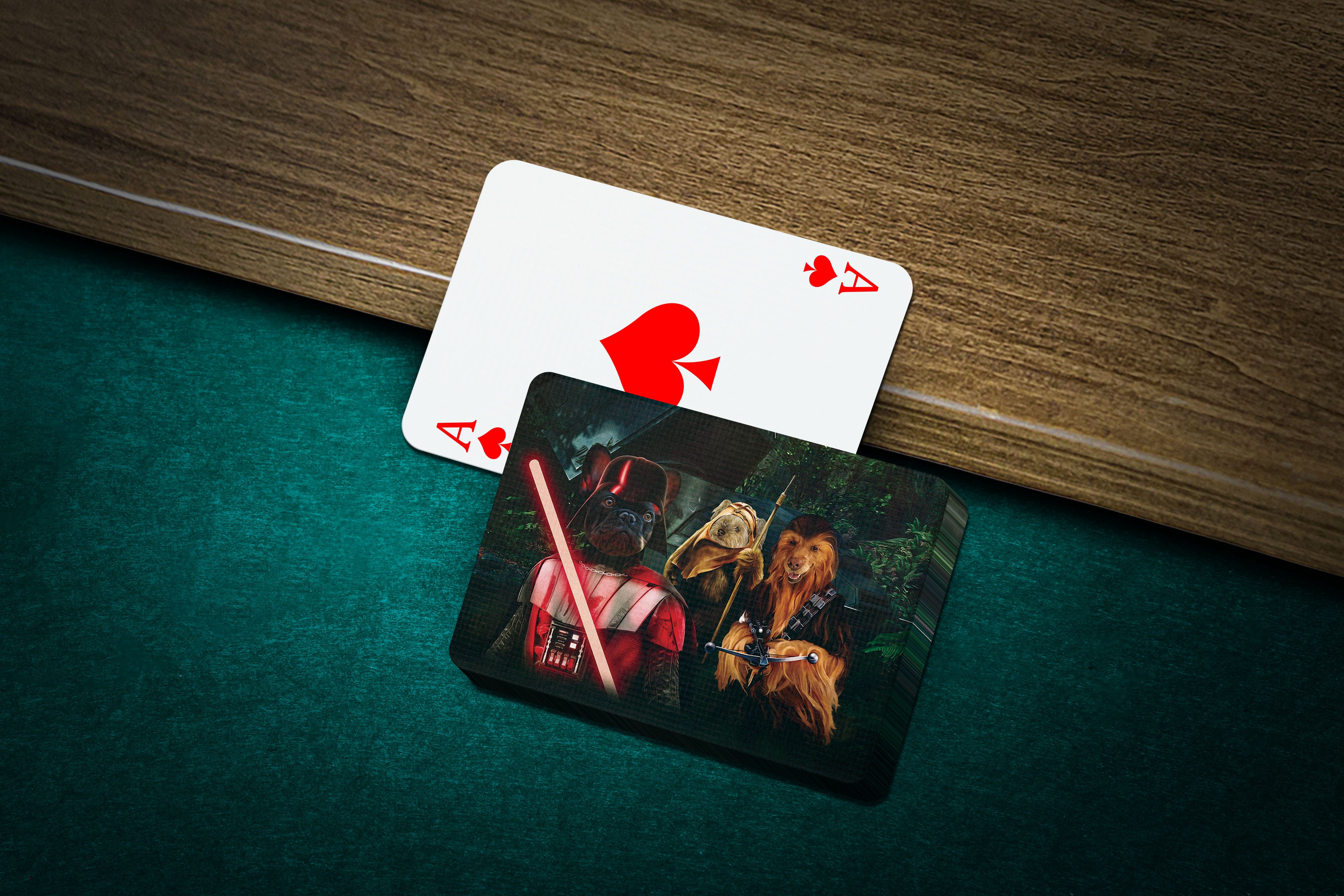 Personalized playing cards featuring custom pet portraits in Star Wars-themed costumes, on a green felt surface.