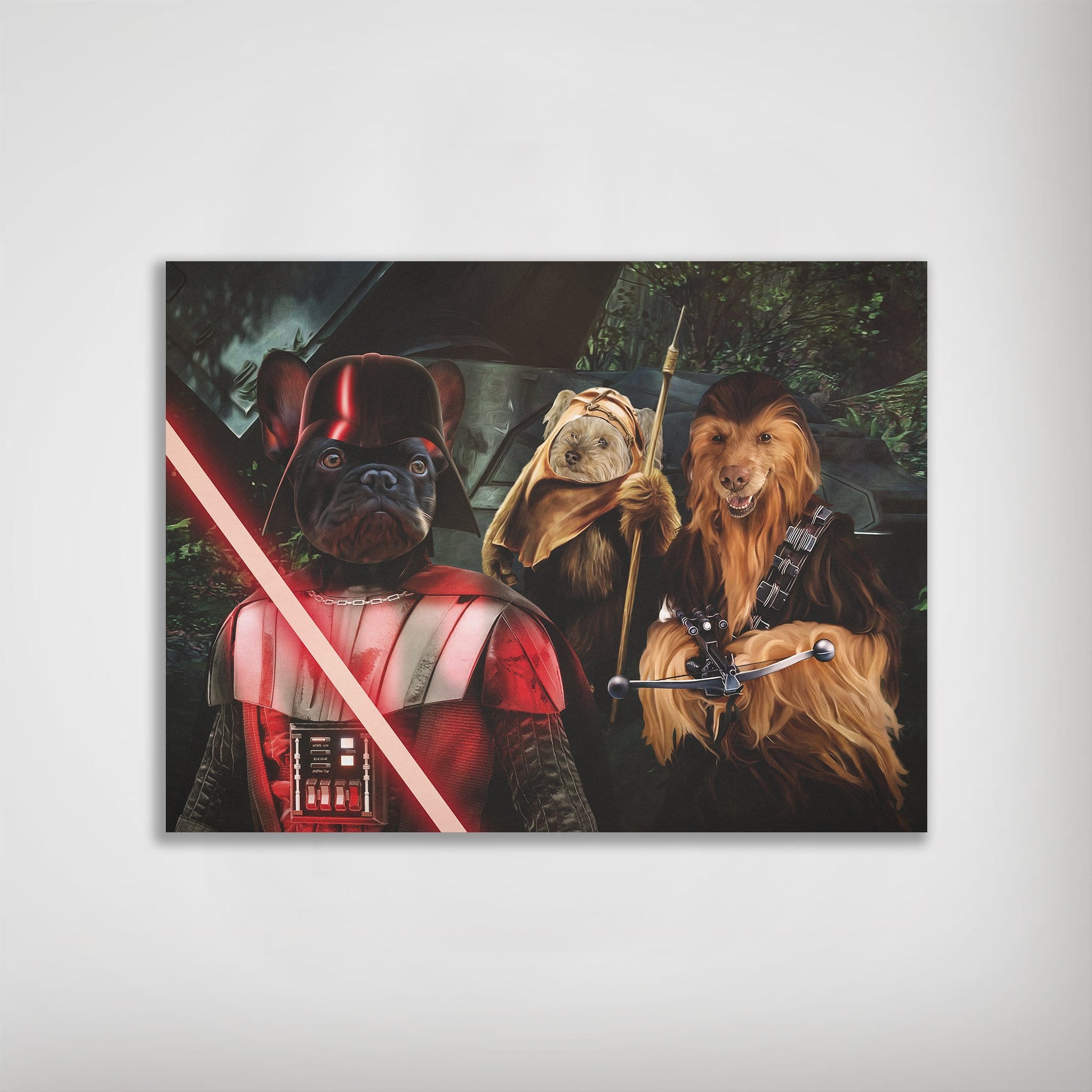 Personalized 'Star Woofers' poster featuring three pets as Darth Vader, an Ewok, and Chewbacca.