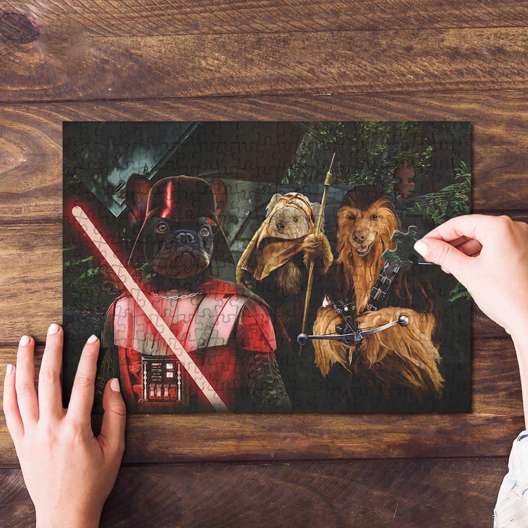 Personalized Star Woofers puzzle with three pets as Star Wars characters, on a wooden table.