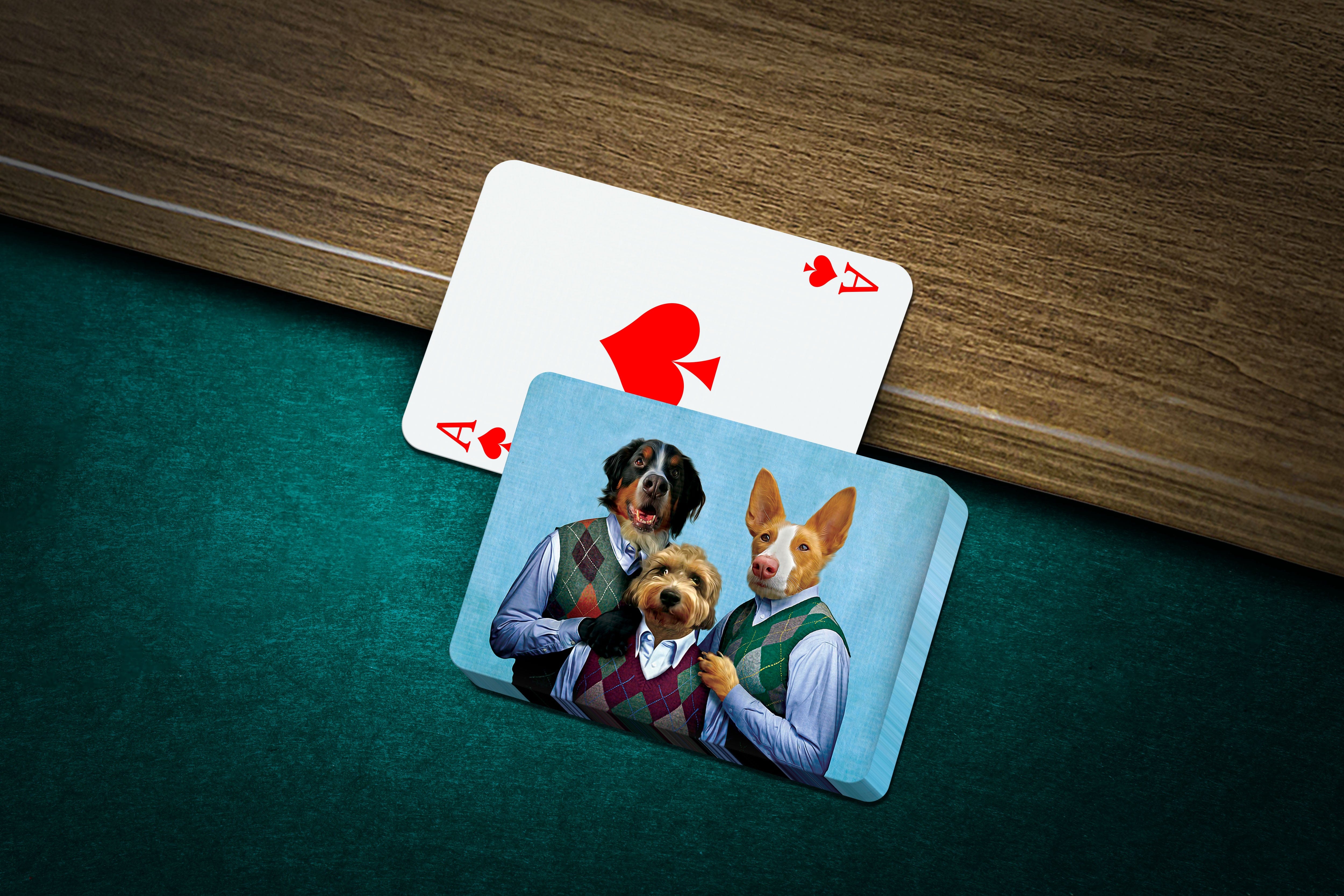 Custom personalized playing cards featuring three pets in renaissance-style attire on a green felt table.