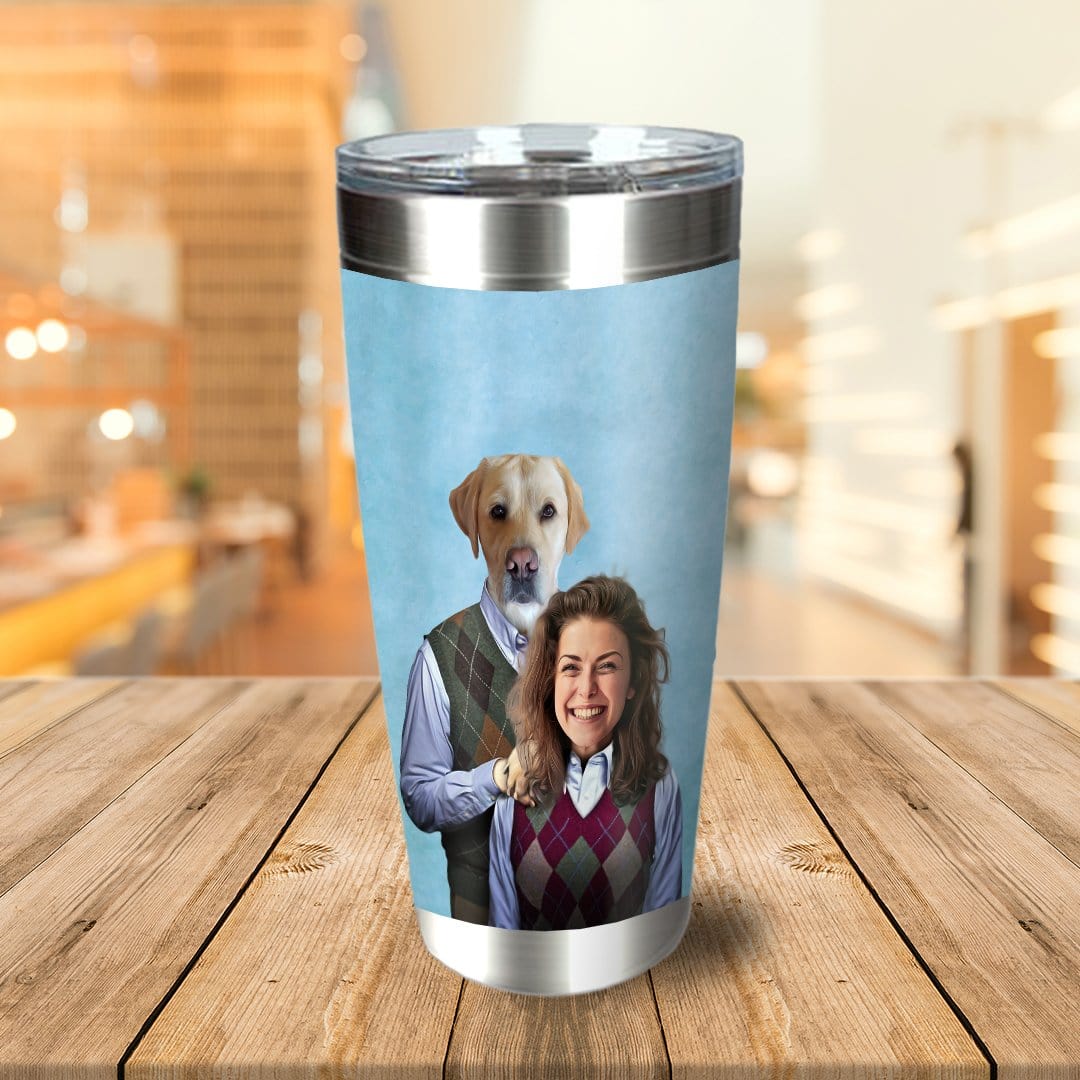 Personalized stainless steel tumbler with a custom portrait of a woman and a dog in matching argyle sweaters.