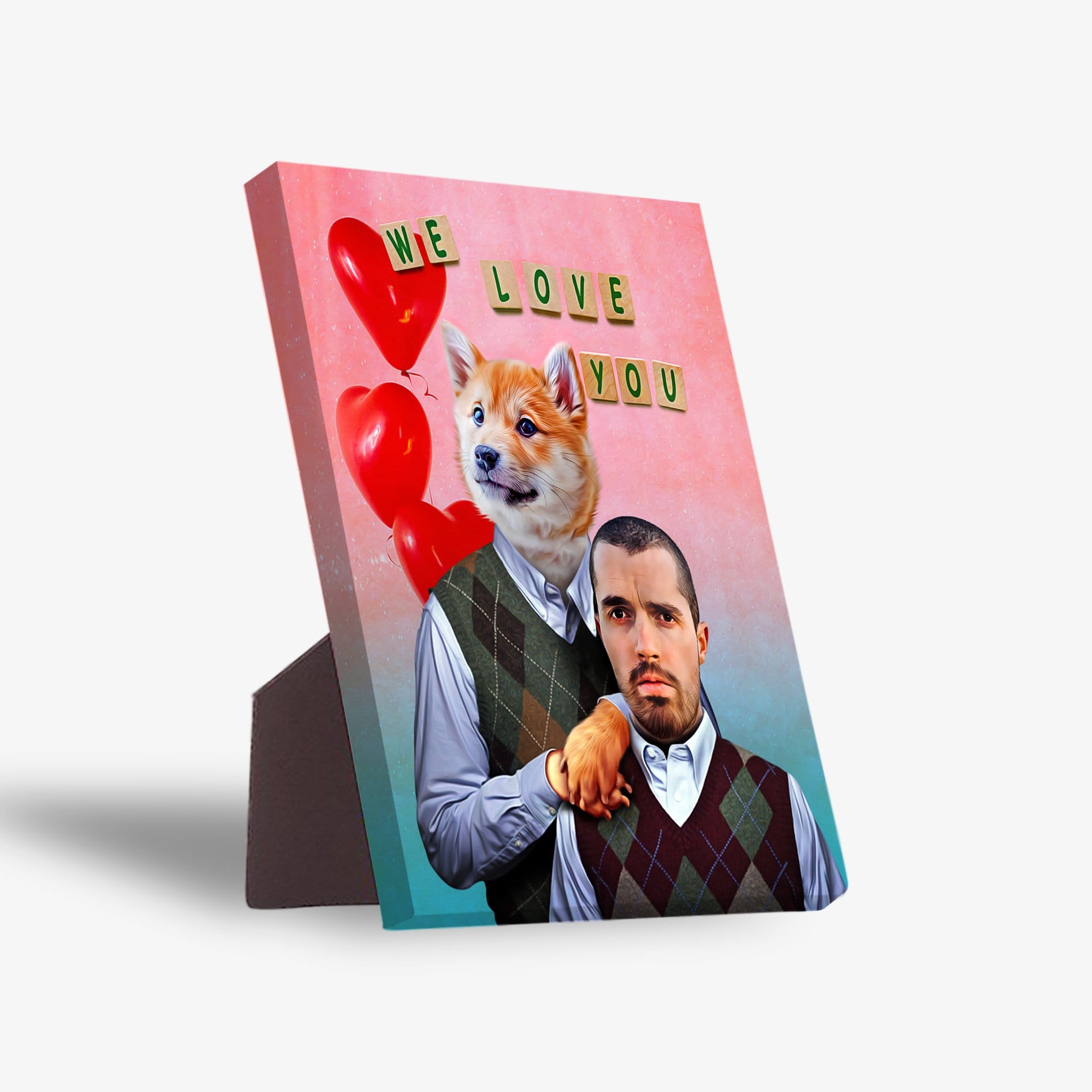 Personalized standing canvas with a dog's head on a human body, a man, red balloons, and "WE LOVE YOU" text.