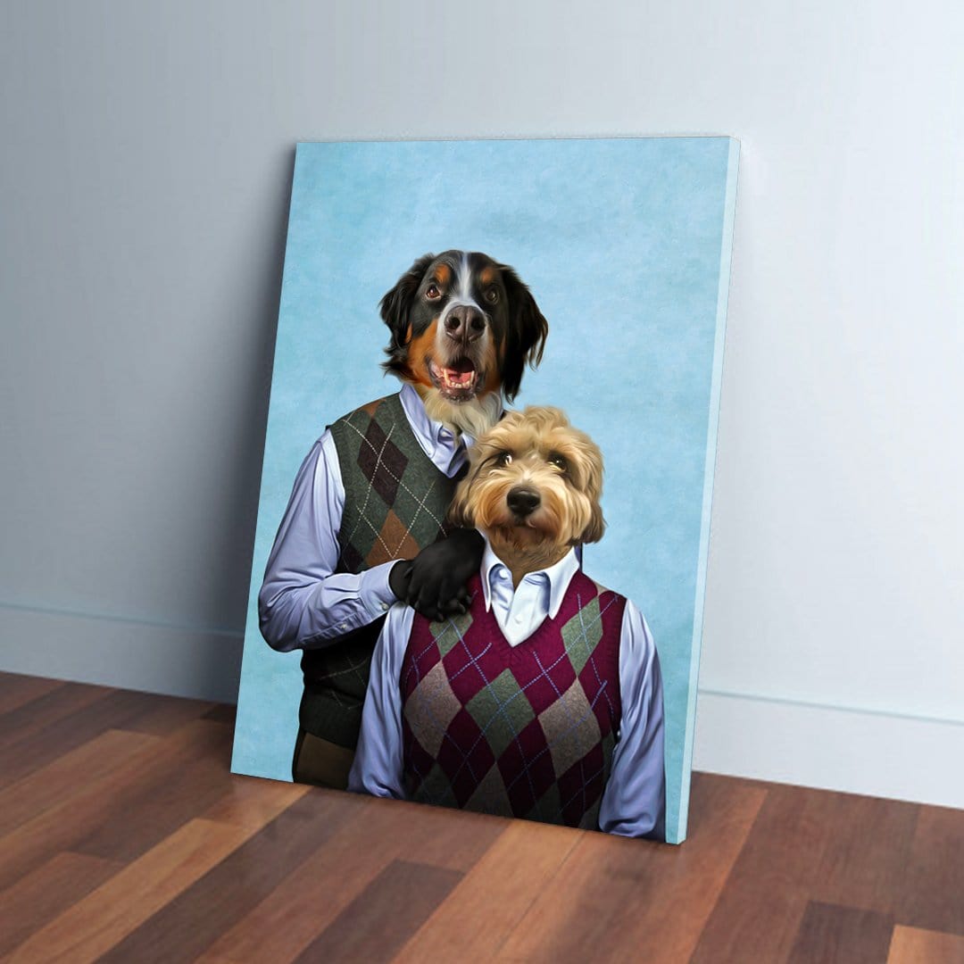Personalized 2-pet canvas featuring a Bernese Mountain Dog and a smaller dog in argyle sweater vests.