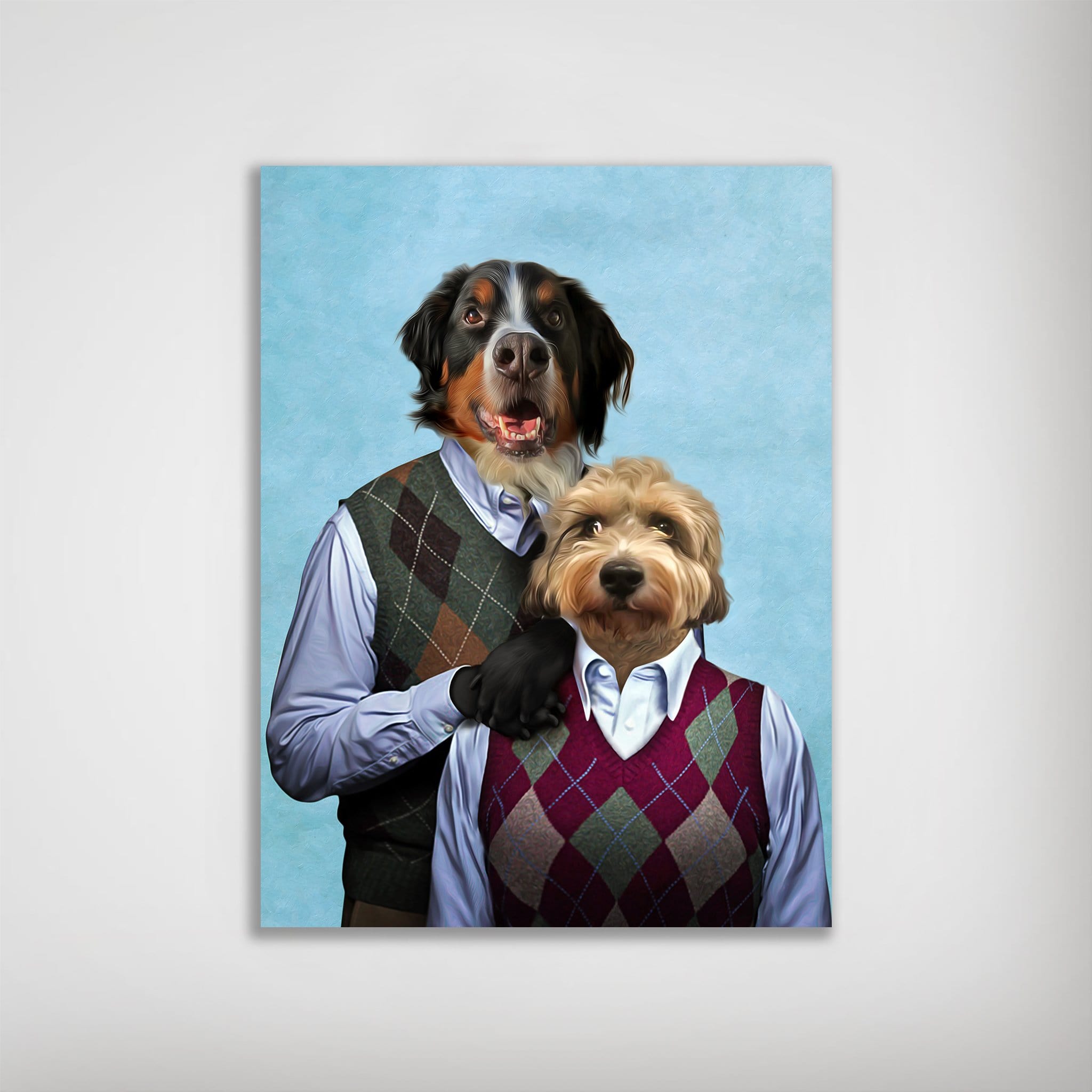 Personalized "Step Doggo & Doggette" poster featuring two pets in argyle sweater vests on a blue background.