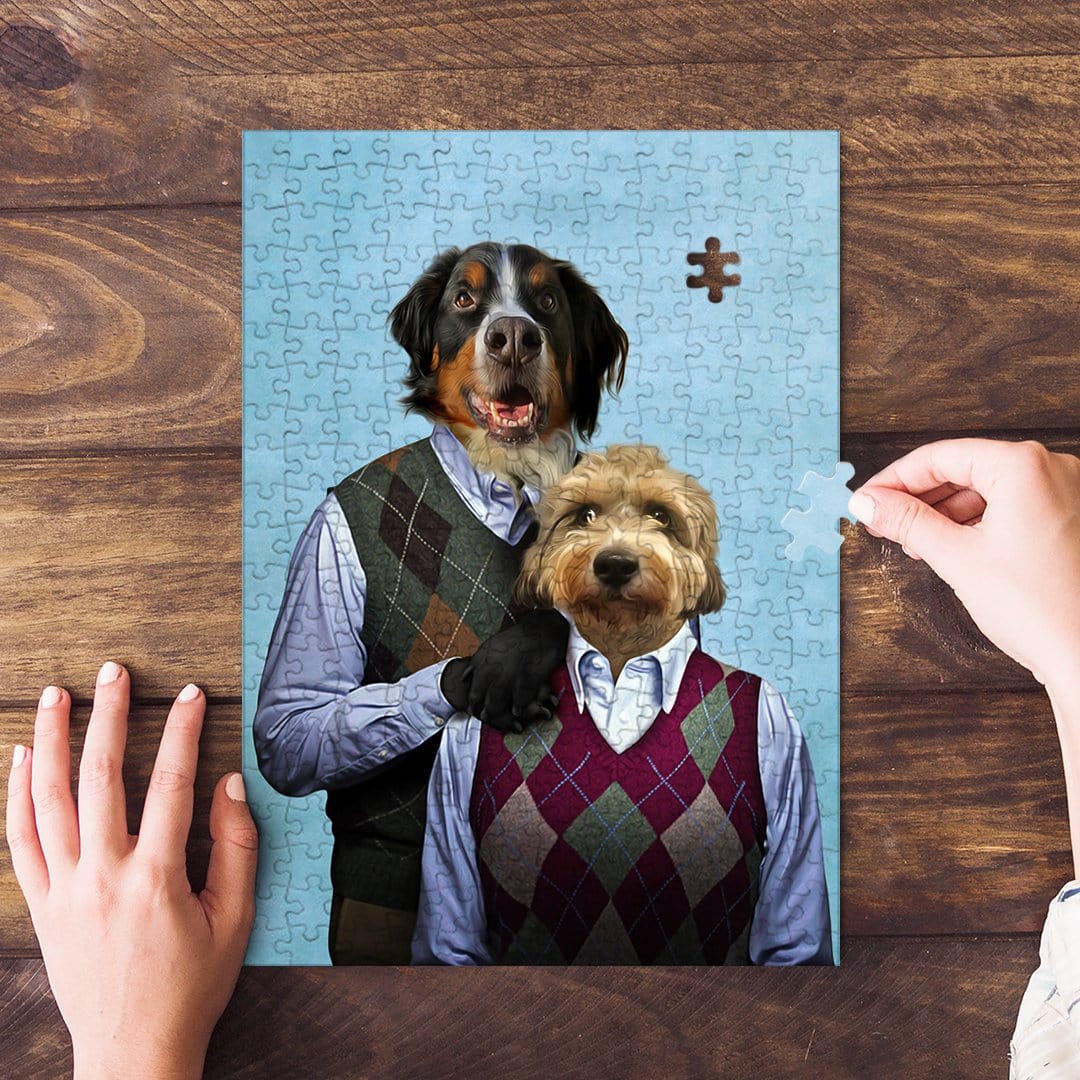 Personalized 2-pet puzzle featuring two dogs in argyle sweaters, with hands assembling pieces.