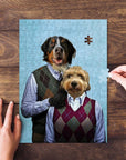 Personalized 2-pet puzzle featuring two dogs in argyle sweaters, with hands assembling pieces.