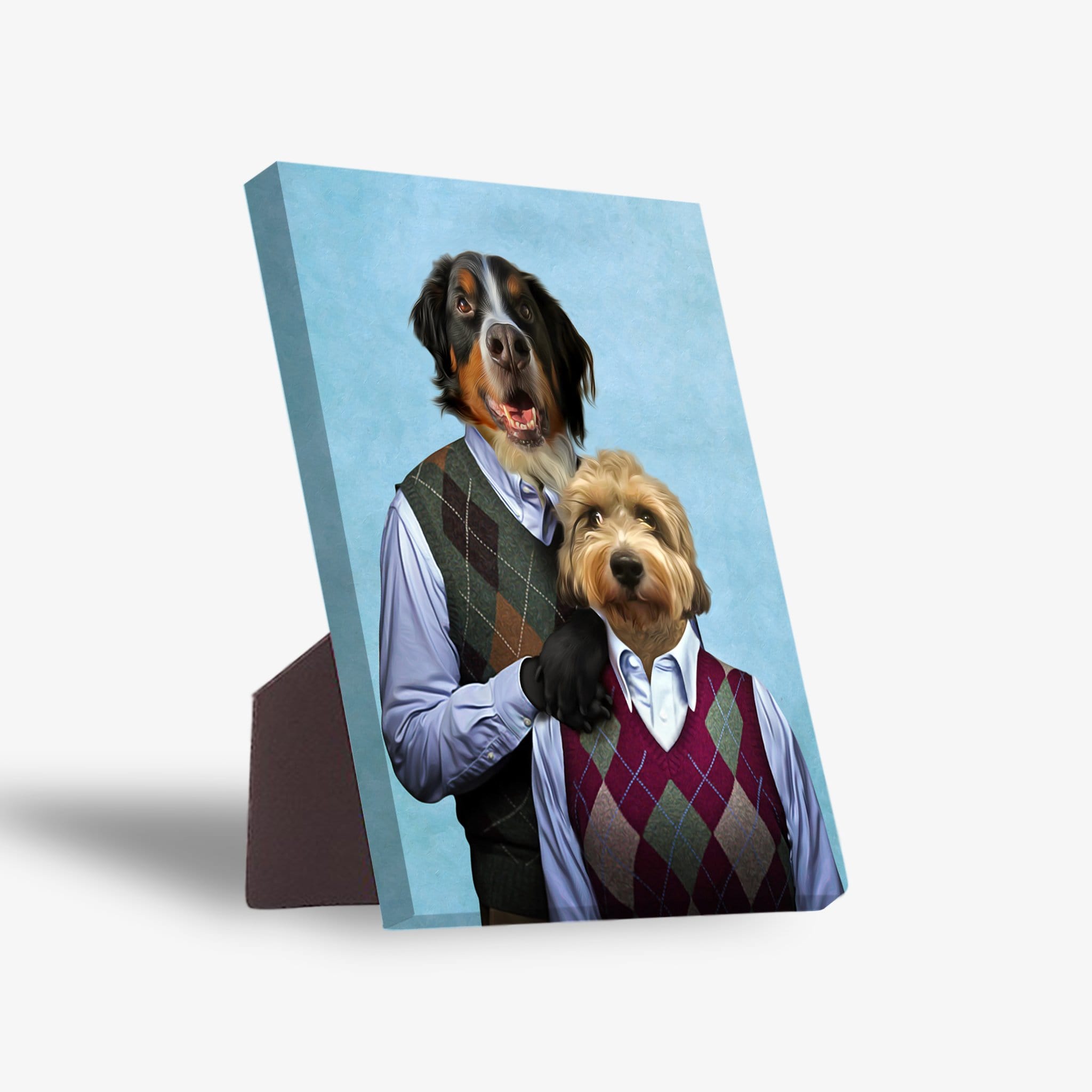 Personalized 2-pet standing canvas featuring dogs in argyle sweaters on a blue background.