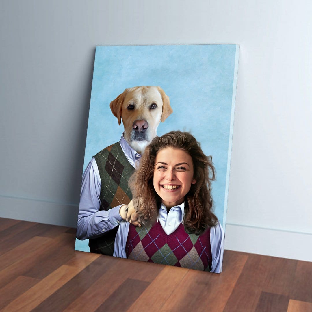 Personalized canvas featuring a woman and a Labrador dog in matching argyle vests on a light blue background.