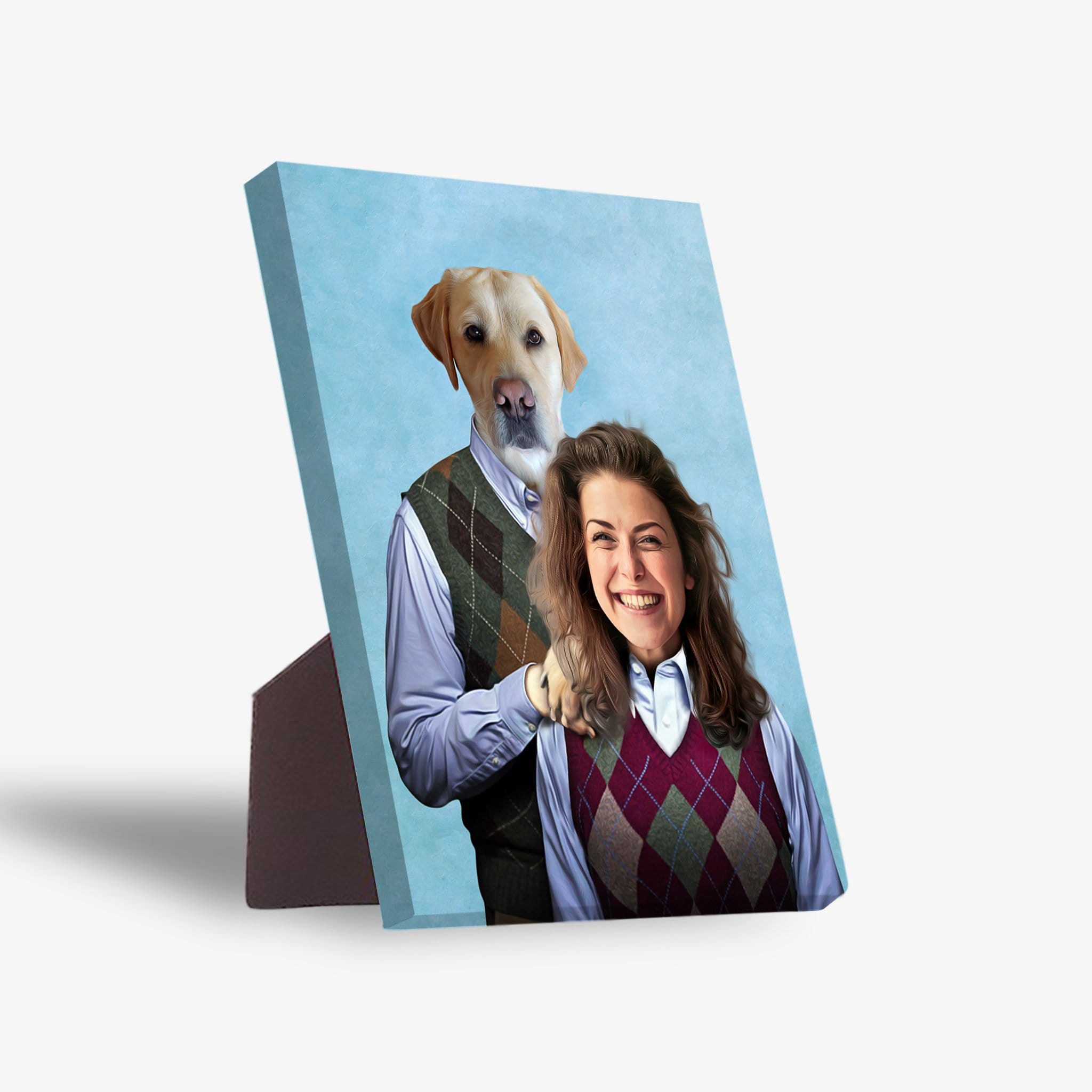 Personalized 'Step Doggo & Human Female' standing canvas with a Labrador head on a man's body next to a smiling woman.