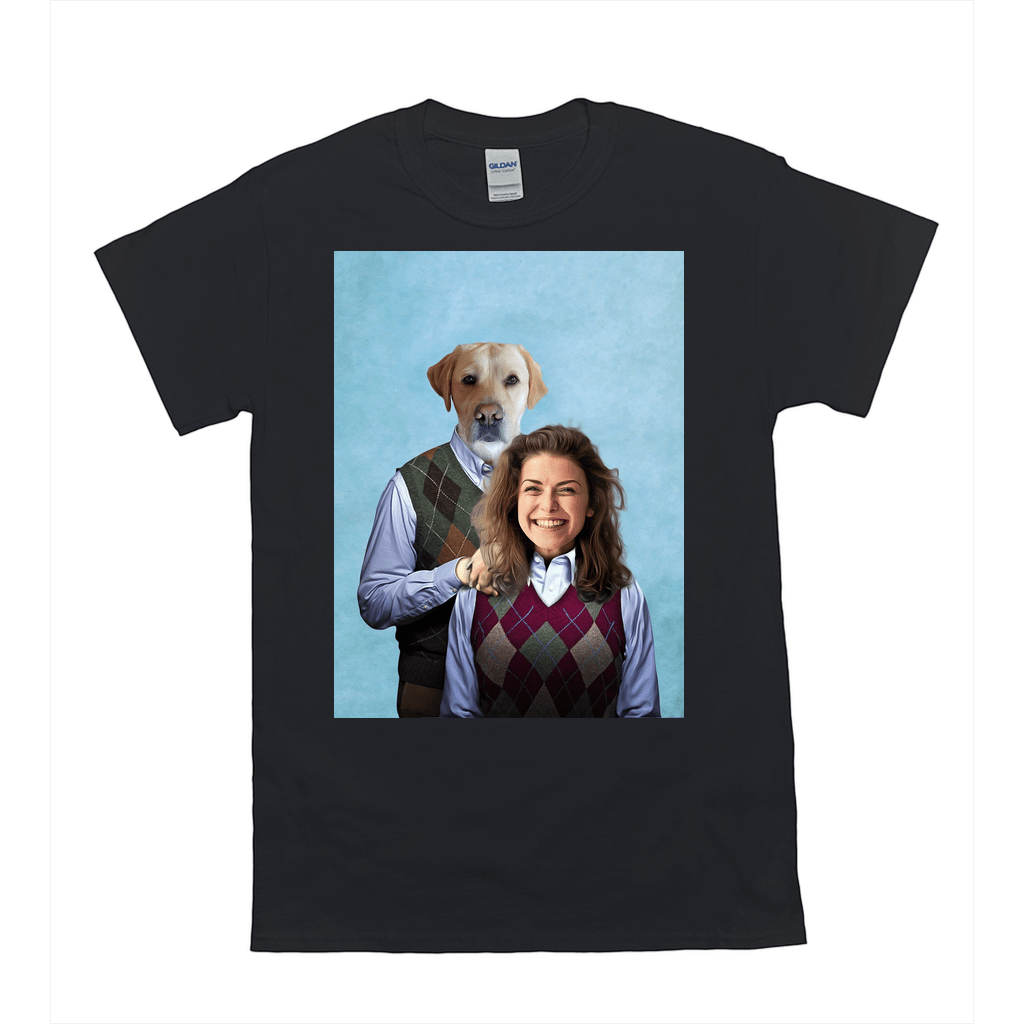 Black Gildan t-shirt with a personalized design of a dog and a smiling woman wearing argyle vests.