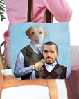 Personalized tote bag featuring a custom portrait of a human and a yellow lab dog in matching argyle vests.