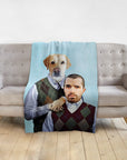 Personalized minky blanket with a custom "Step Doggo & Human" portrait of a man and a yellow lab.