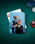 Personalized playing cards featuring a custom portrait of a man and his golden retriever dog in argyle sweaters.