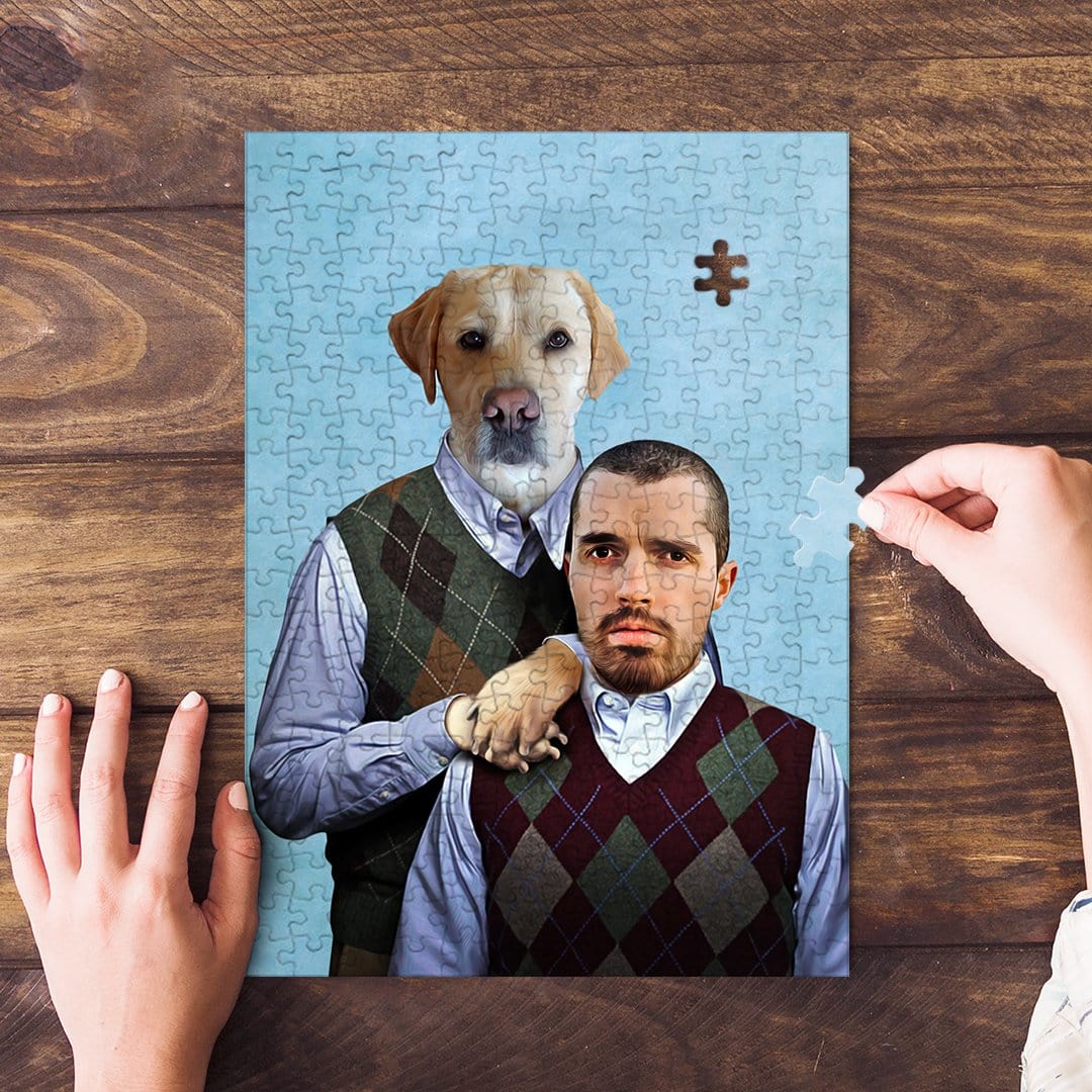 Personalized puzzle featuring a man and a yellow lab dog in argyle sweaters on a light blue background.