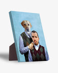 Personalized standing canvas featuring a dog and man in argyle sweaters on a light blue background.