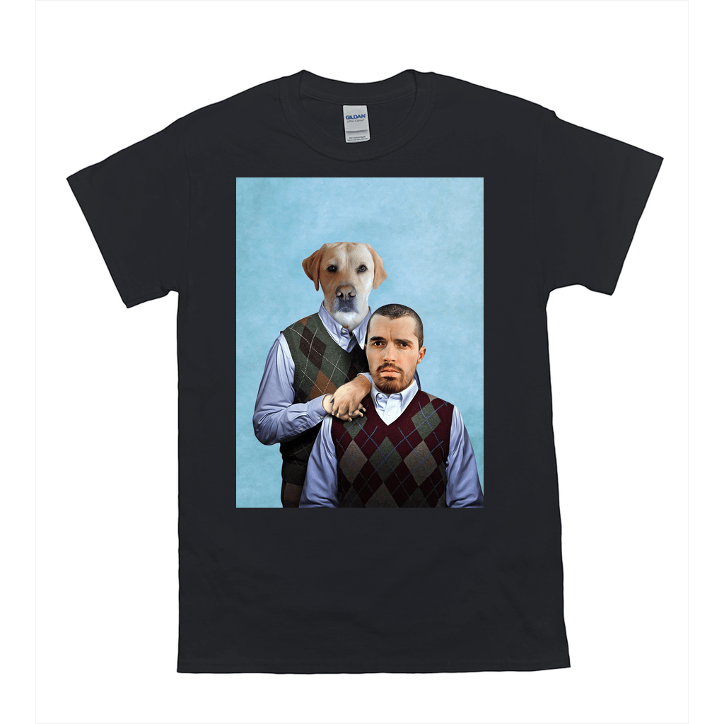 Black Gildan t-shirt with a personalized portrait of a dog and man in argyle sweater vests.