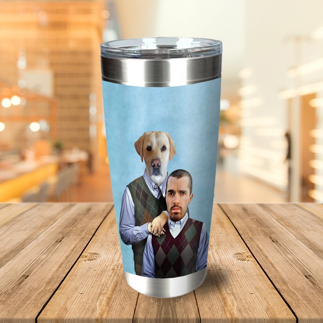 Personalized stainless steel tumbler with a custom renaissance-style portrait of a dog and human in argyle vests.