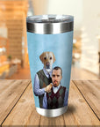 Personalized stainless steel tumbler with a custom renaissance-style portrait of a dog and human in argyle vests.