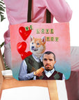 Personalized 'Step Doggo & Human Valentines Edition' tote bag with custom pet and human portraits, red balloons, and "WE LOVE YOU" text.