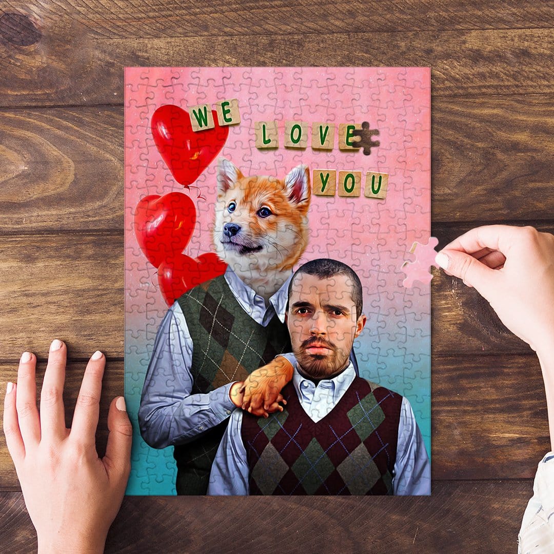 Custom personalized puzzle featuring a dog and man in argyle vests, with "We Love You" and red heart balloons.