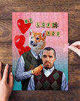 Custom personalized puzzle featuring a dog and man in argyle vests, with "We Love You" and red heart balloons.