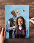 Personalized puzzle featuring a dog and a smiling woman in argyle sweaters on a blue background.