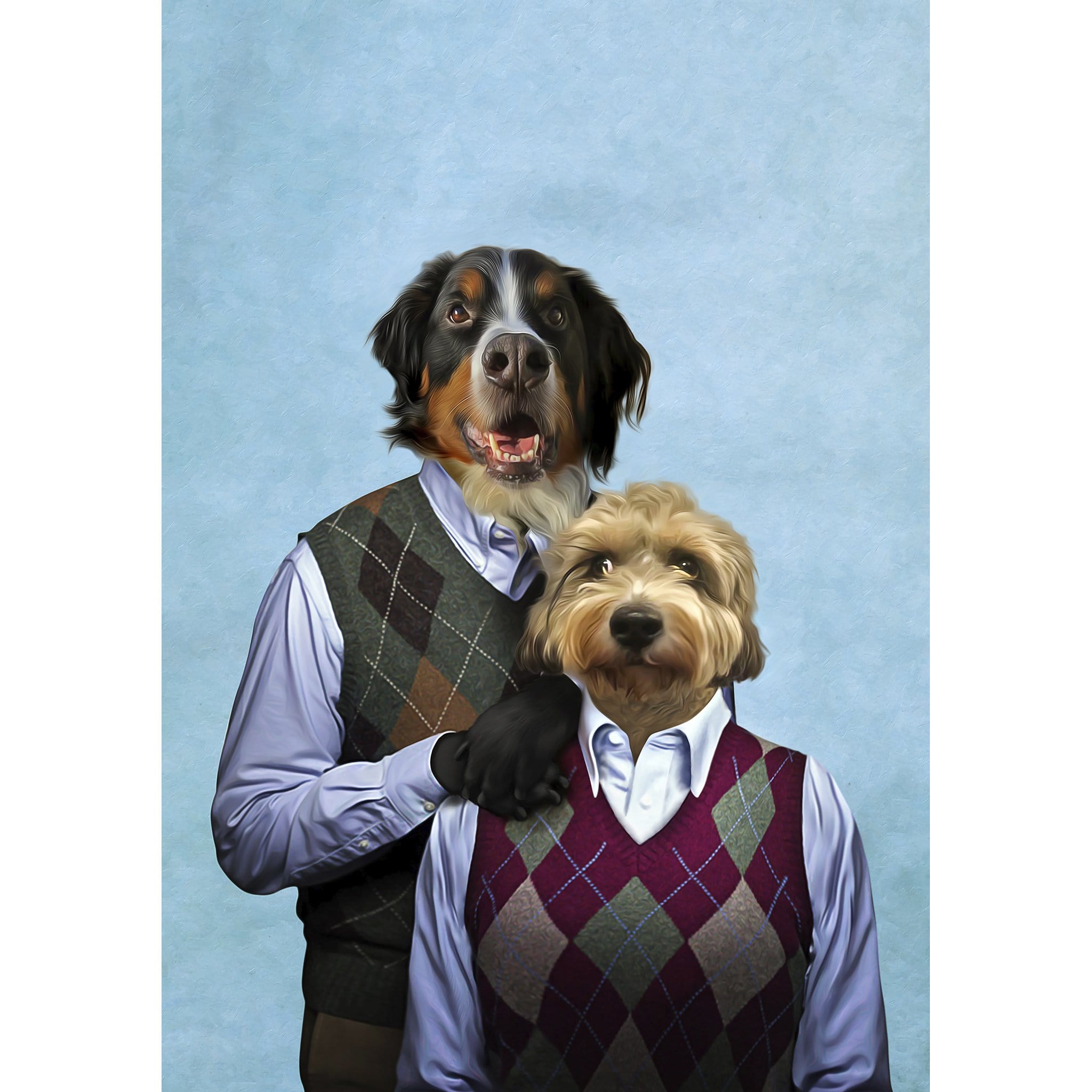 Custom digital portrait of two dogs in argyle sweaters on a blue background.