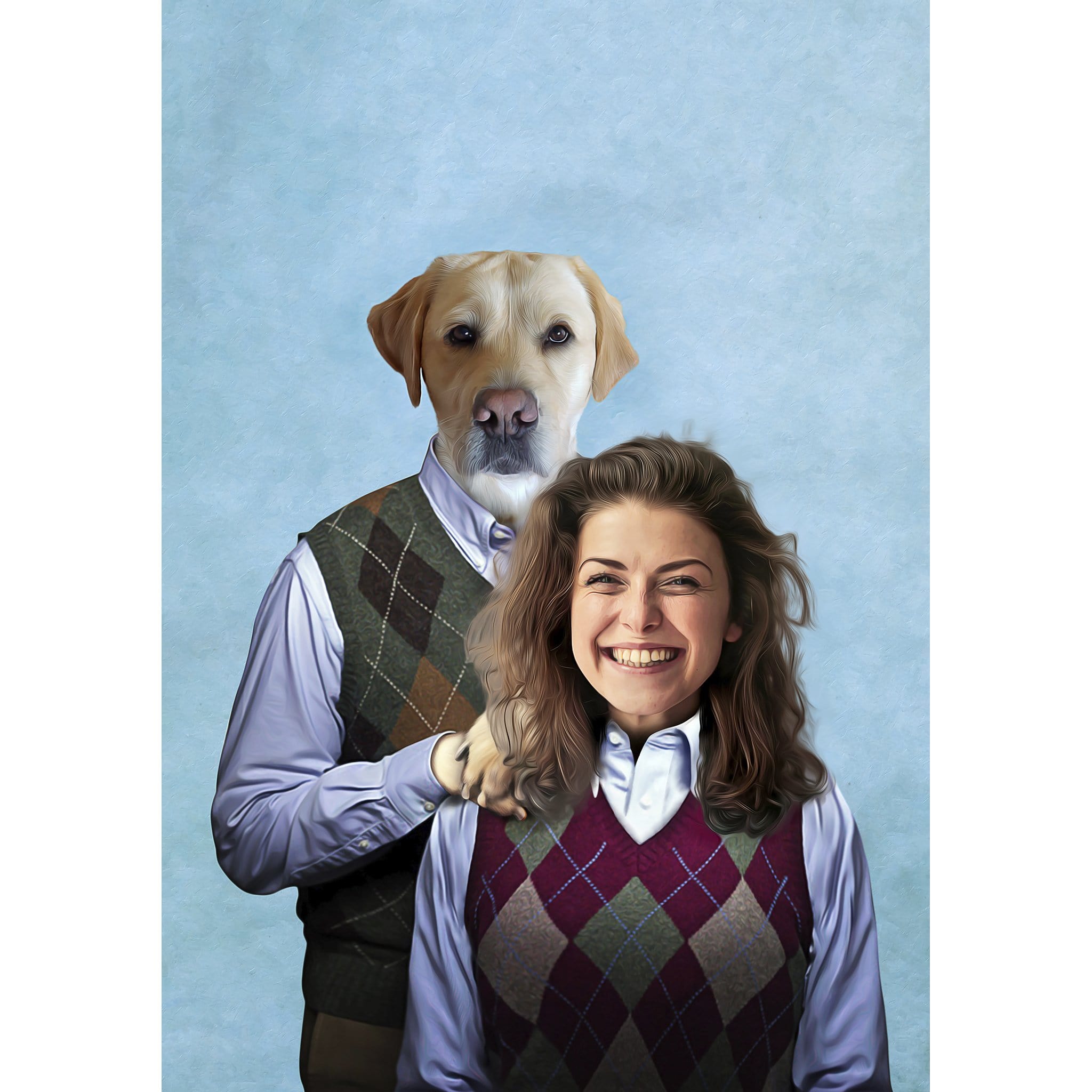 Custom digital portrait of a human female and a yellow lab dog wearing matching argyle sweater vests.