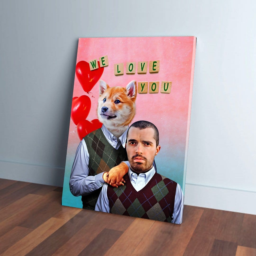 Personalized Valentines canvas with a dog's head on a human body and a man, both in argyle vests.