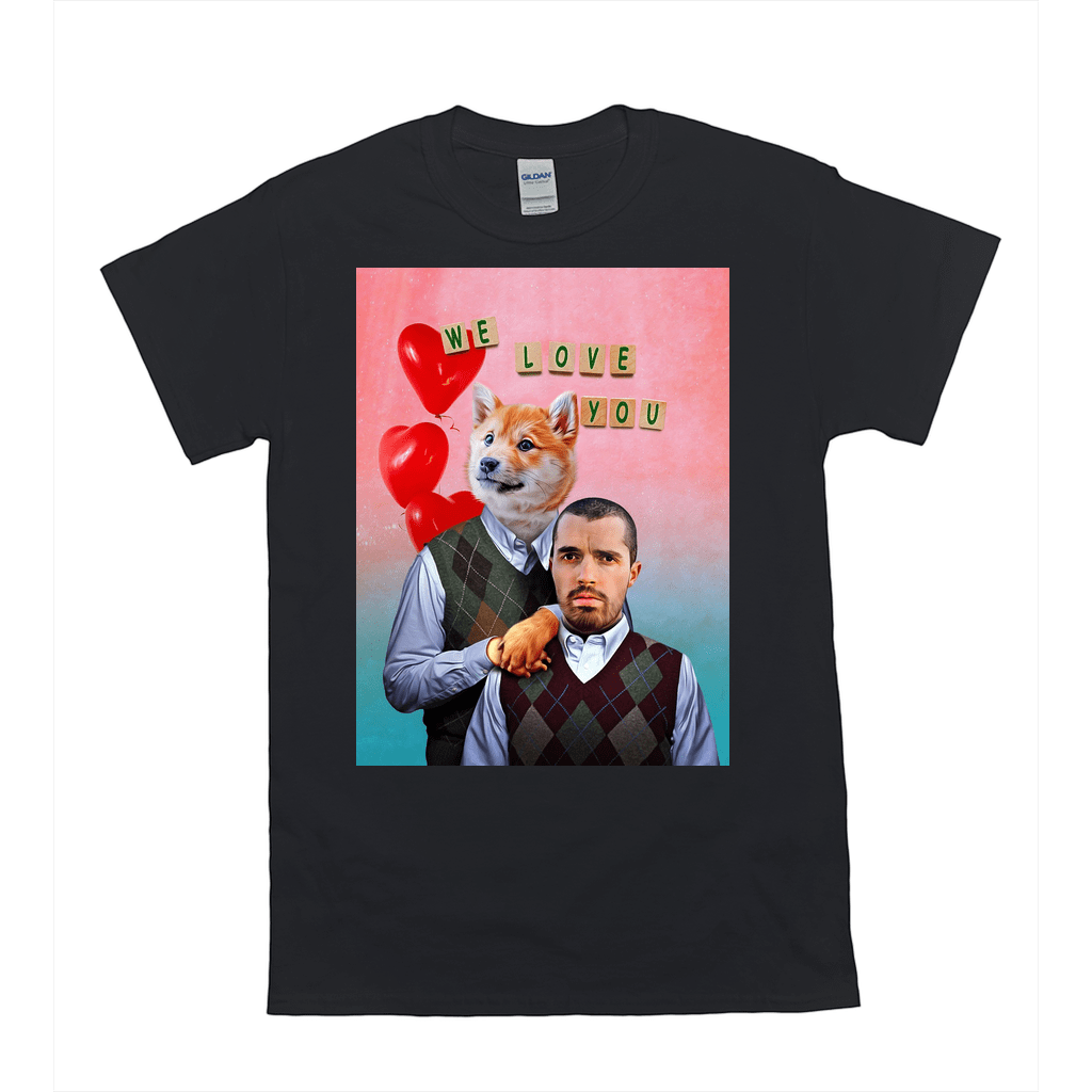 Black Gildan t-shirt with a personalized design featuring a man and a dog head, "WE LOVE YOU" text, and red heart balloons.