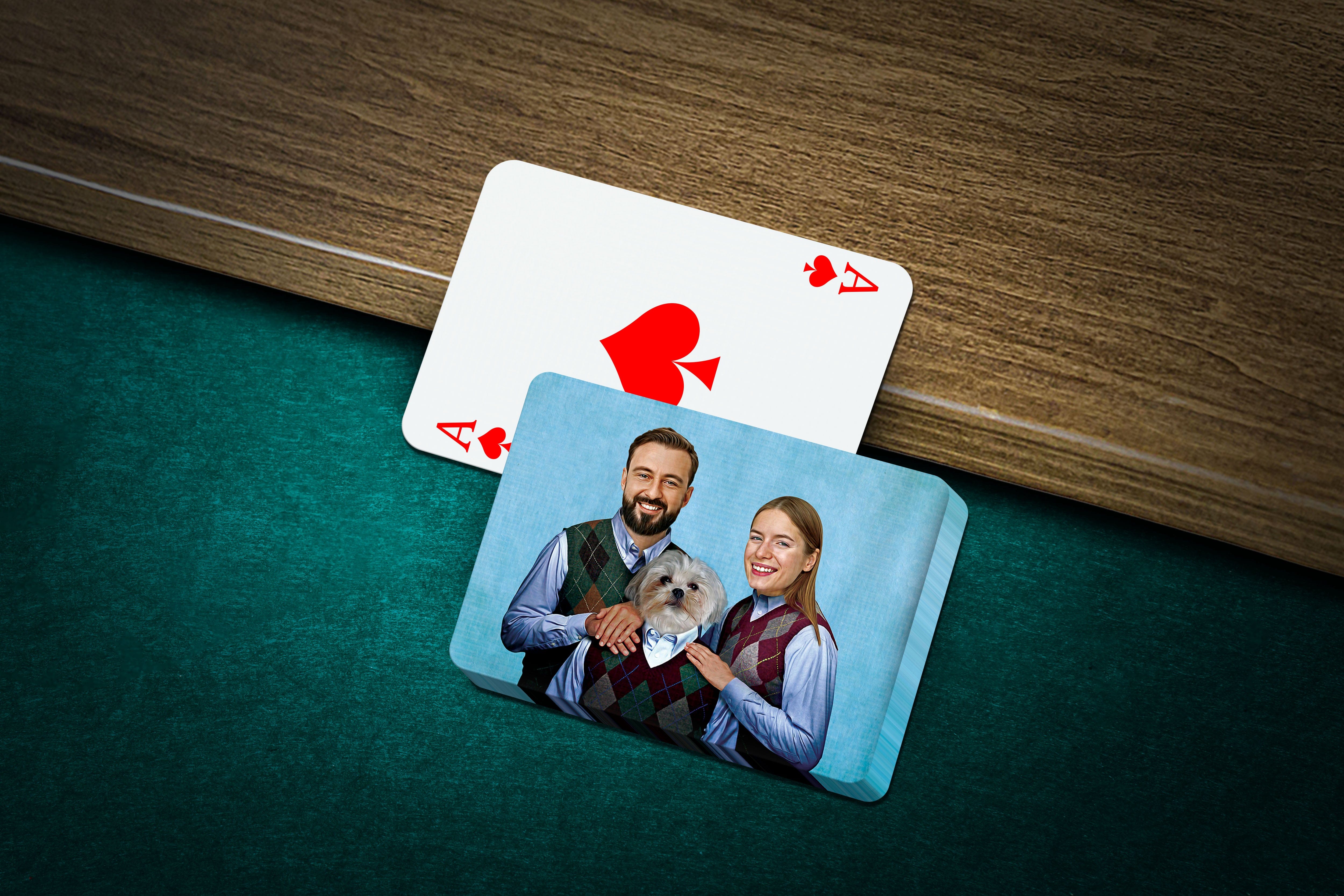 Personalized playing cards featuring a custom portrait of a man, woman, and white dog.