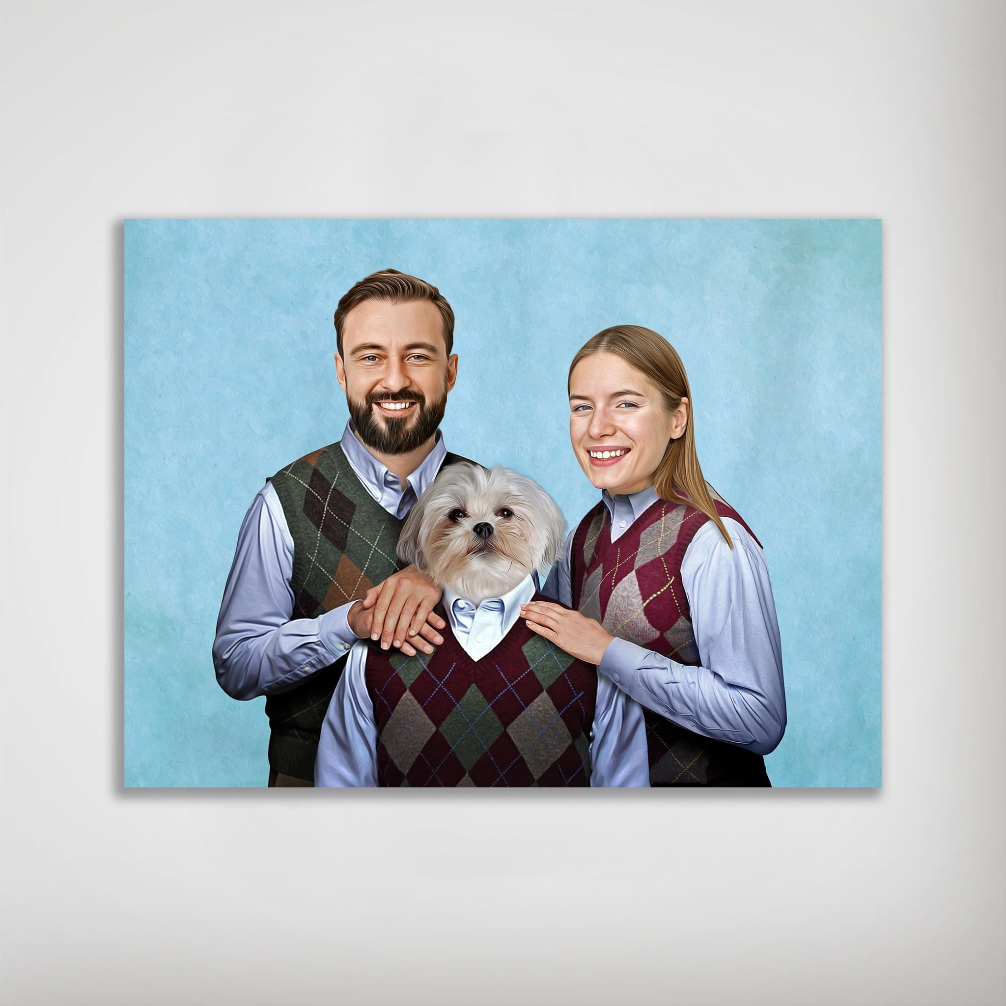 Personalized "Step Doggo/Humans" poster featuring a couple and their dog in matching argyle sweaters.