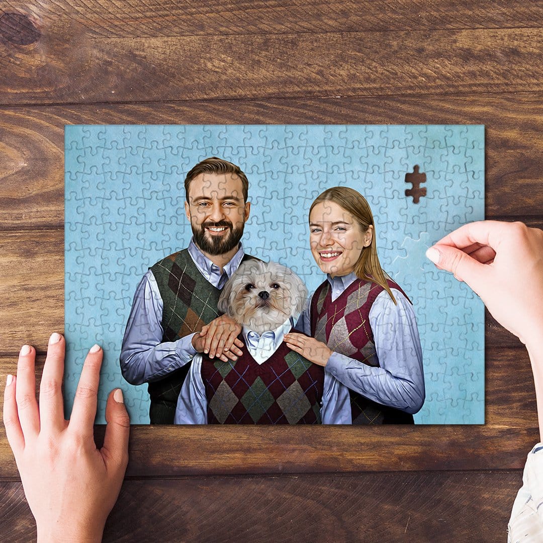 Personalized puzzle featuring a man, woman, and dog in matching argyle sweaters, with hands assembling it.