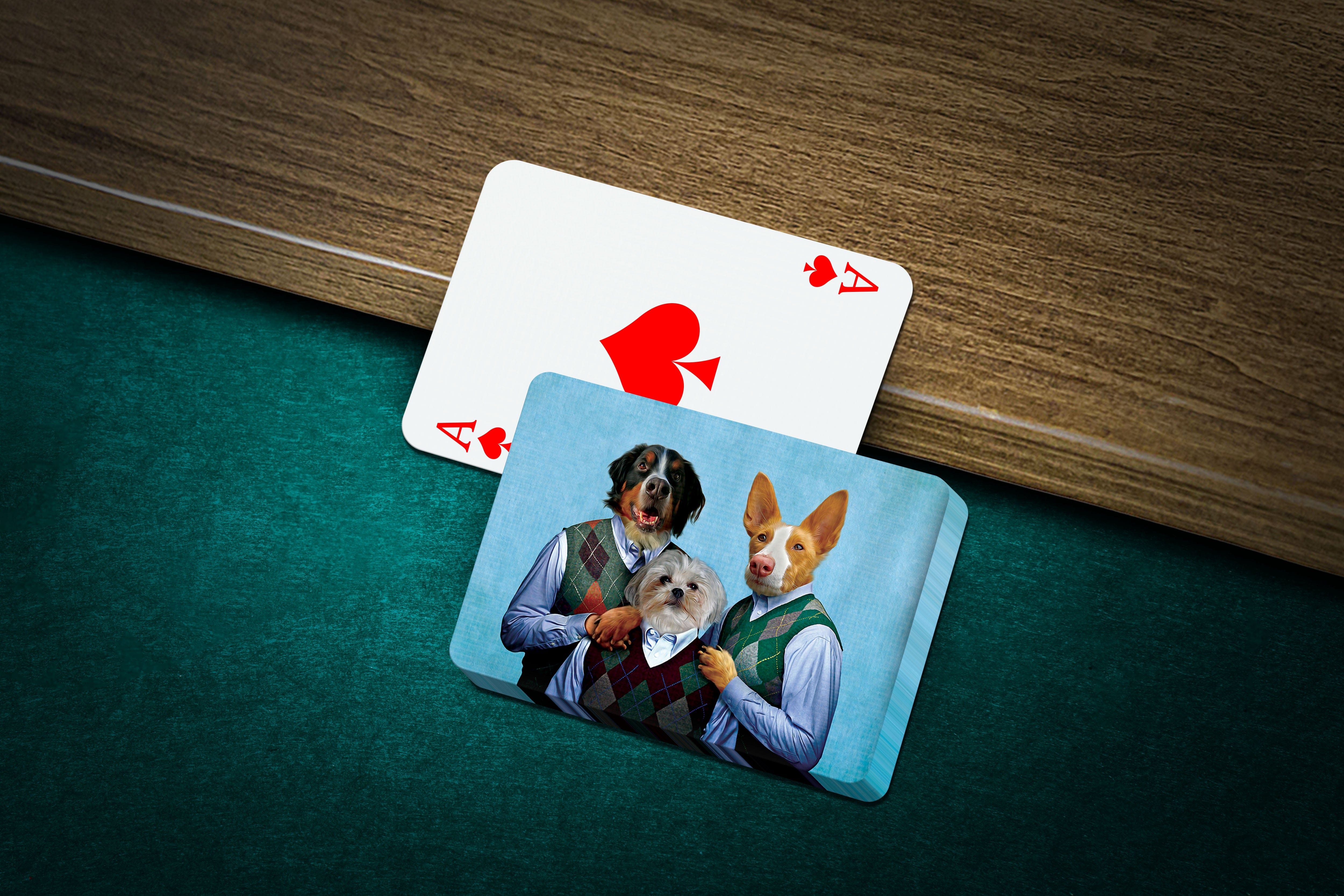 Personalized playing cards featuring three custom pet portraits in human clothing, with an Ace of Spades card.