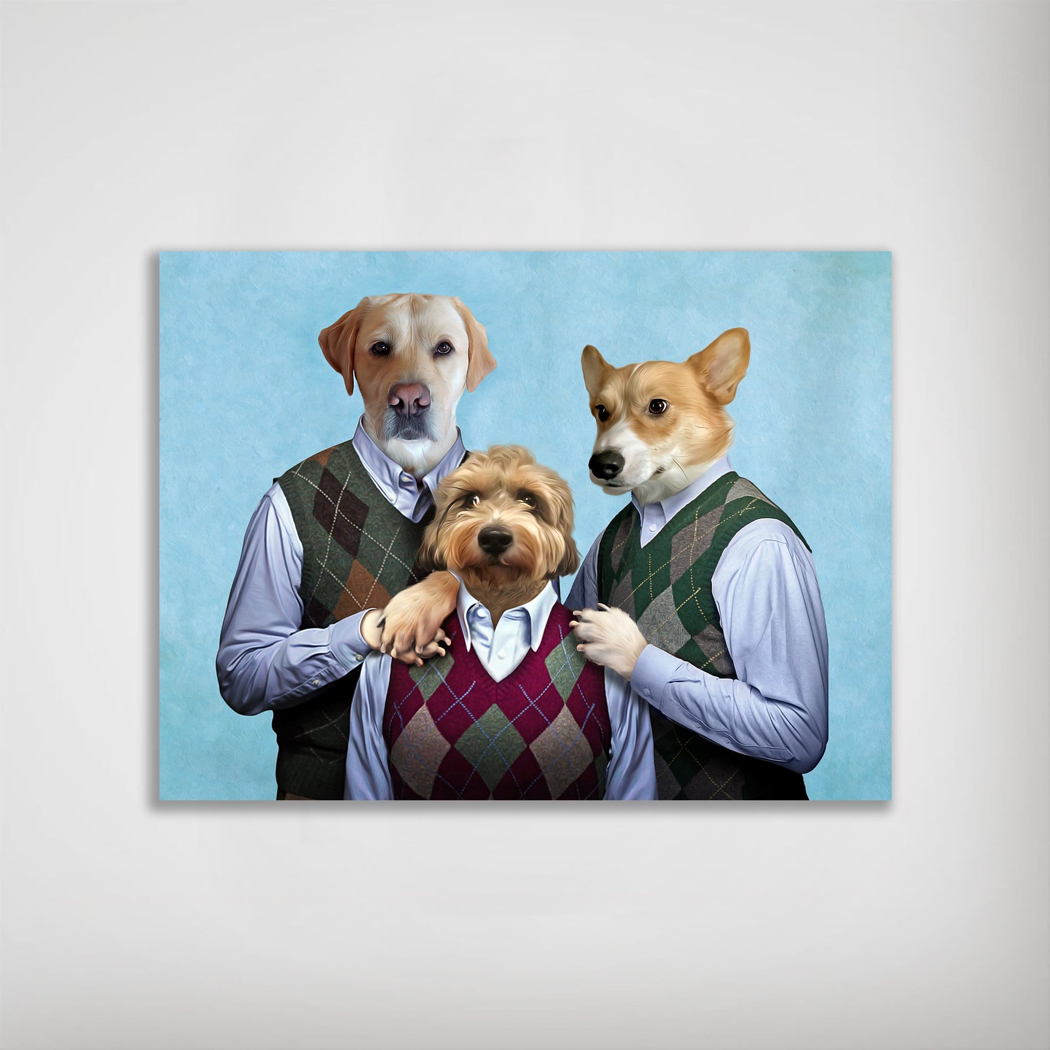 Personalized 'Step Doggos & Doggette' poster featuring three pets in argyle sweaters on a blue background.