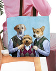 Personalized 3-pet tote bag with dogs in renaissance-style clothing against a blue background.