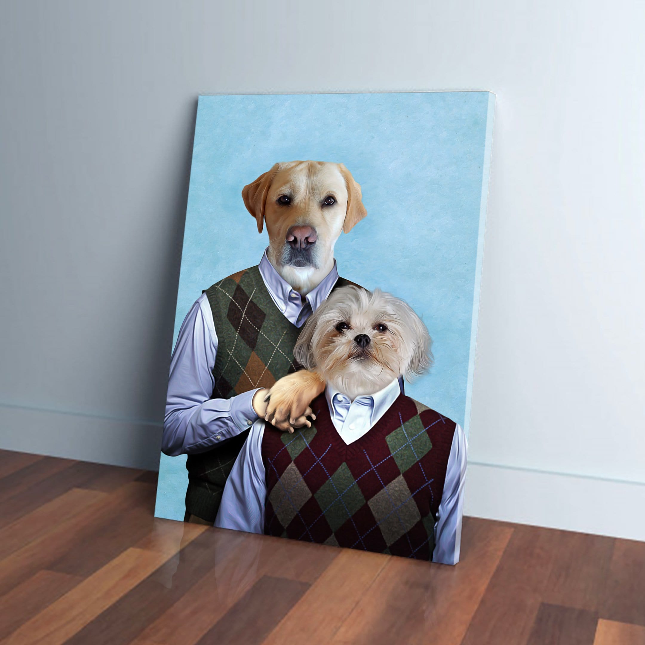 Funny Step Brothers-style dog portrait canvas with matching sweaters
