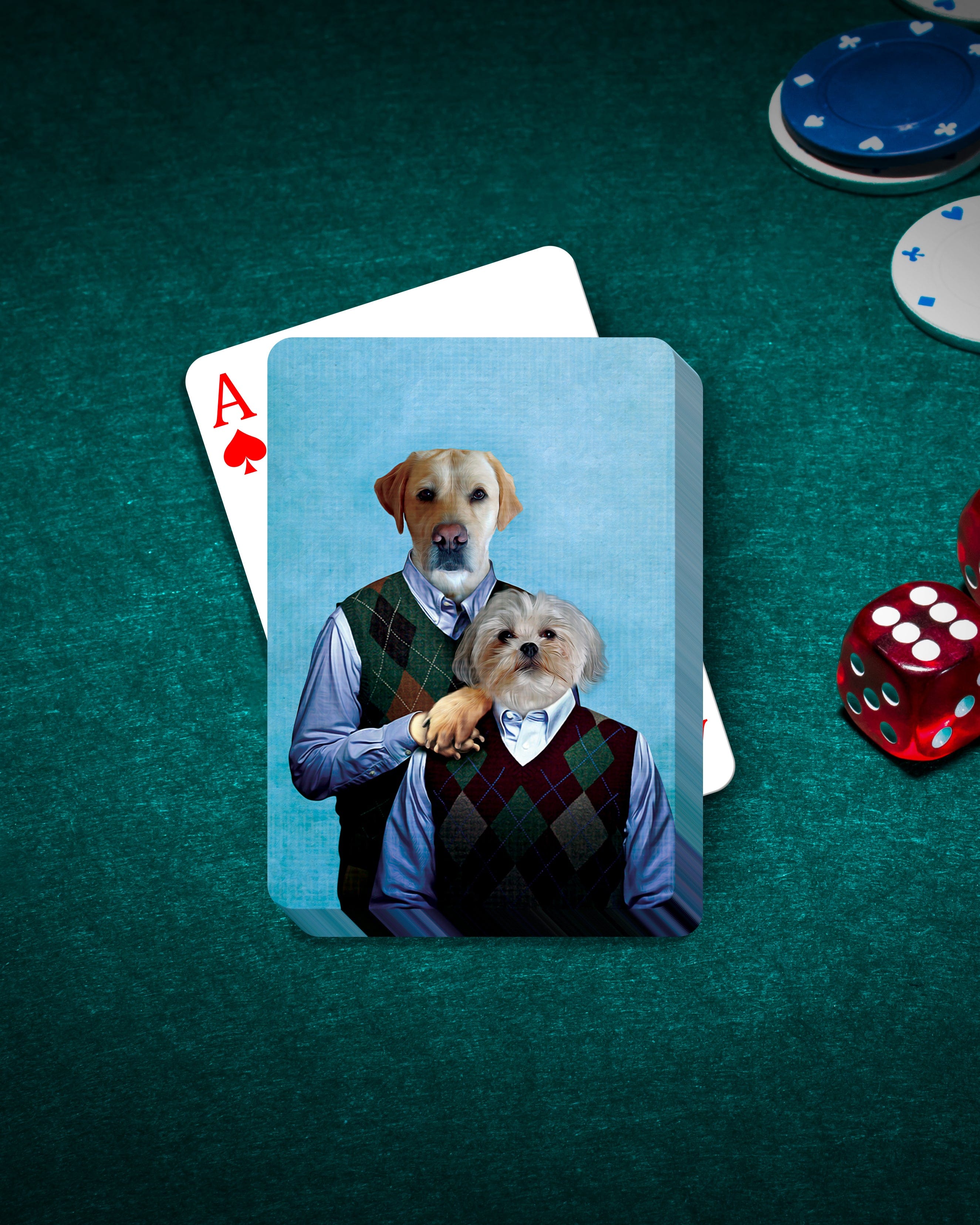 Personalized playing cards featuring two dogs in human clothing on a green felt table with poker chips and dice.