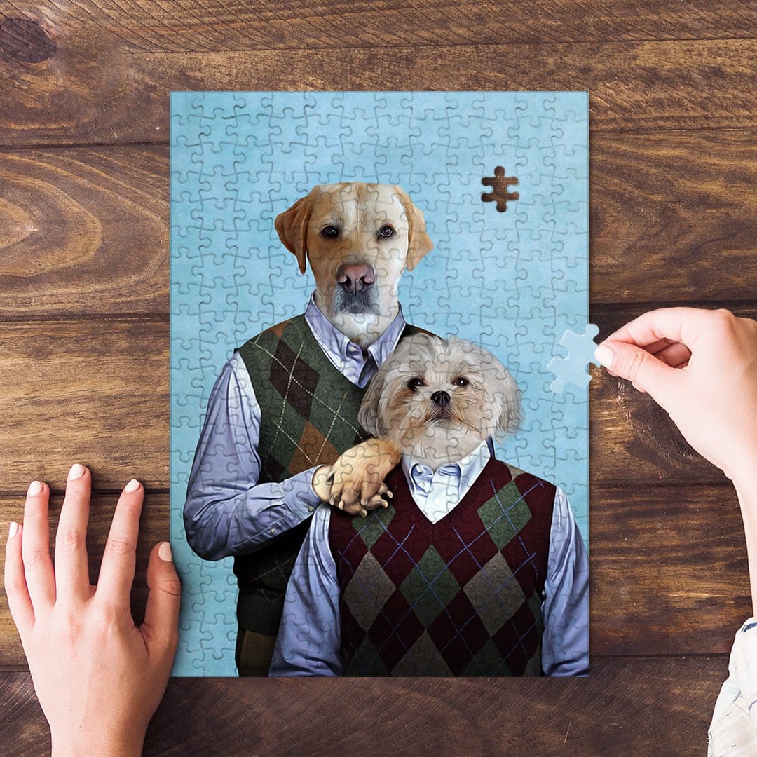 Personalized 2 pet puzzle featuring dogs in argyle sweaters on a light blue background, with hands assembling it.