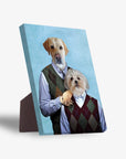 Personalized standing canvas featuring two pets, a golden retriever and a white dog, dressed in argyle sweaters on a blue background.